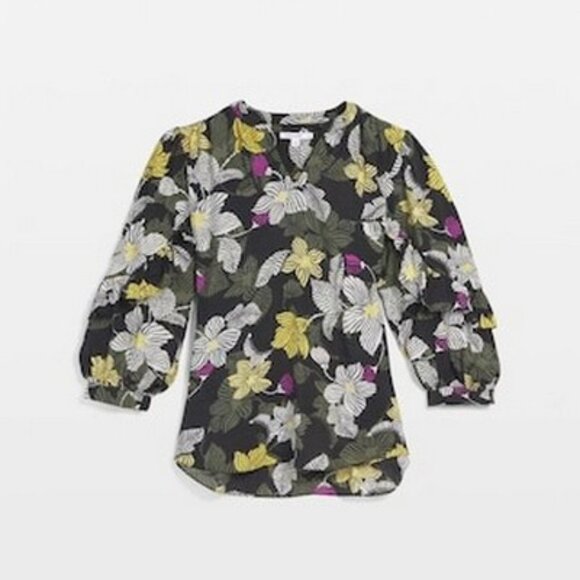 Chico's 3 XL US 16 Ruffle Sleeve Popover Top Blouse Black Floral 3/4 Sleeve - Picture 2 of 15